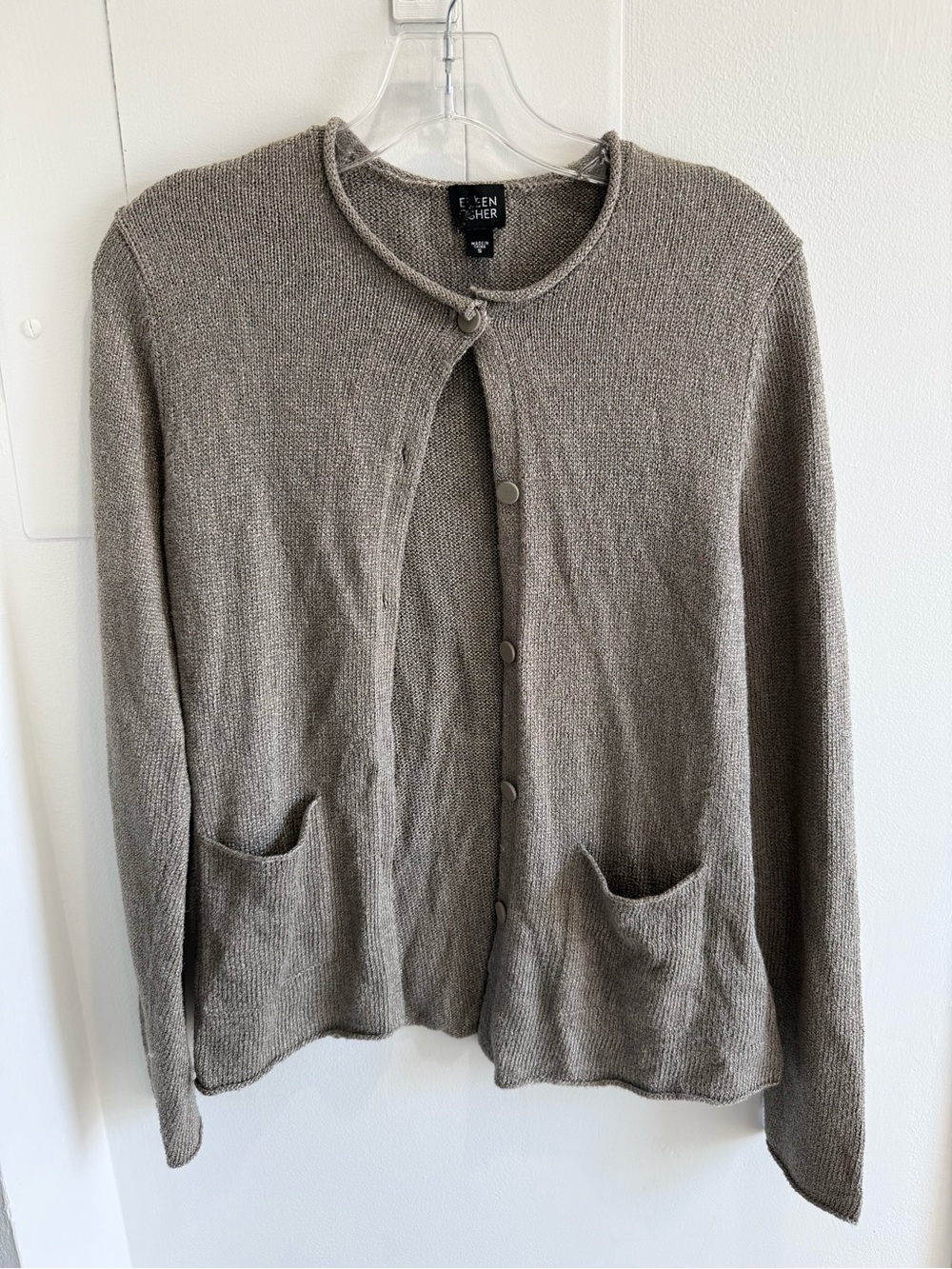 Eileen Fisher Silk Blend Taupe Button-Front Knit Cardigan